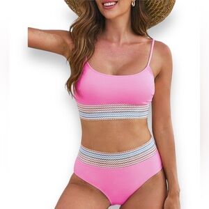 Two Piece High Waisted Bikini Pink w/ Trim Size M (fits like a S) Swimsuit